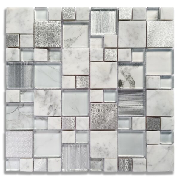 Upgraded Silver Metallic Glass Mosaic Tiles Mixed Carrara White Marble for Kitchen Wall Decor (Pack of 5 Sheets)