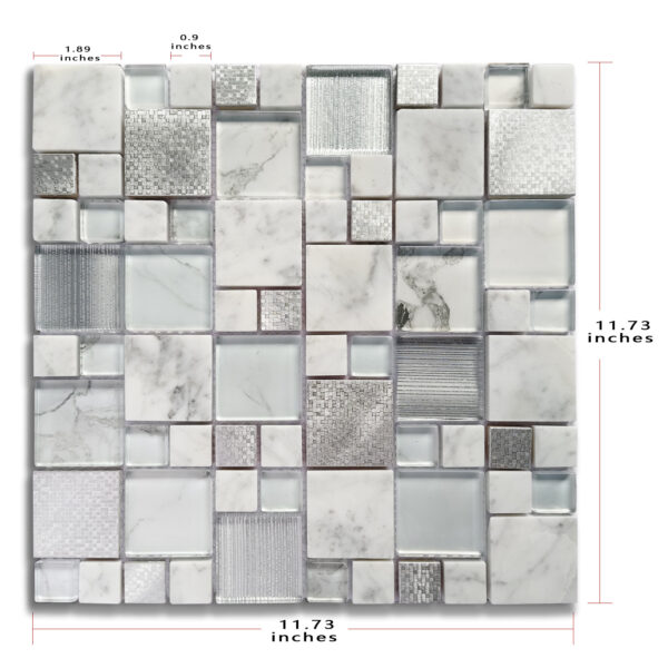 Upgraded Silver Metallic Glass Mosaic Tiles Mixed Carrara White Marble for Kitchen Wall Decor (Pack of 5 Sheets) - Image 2