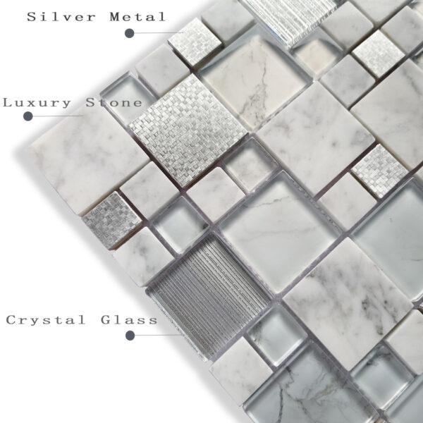 Upgraded Silver Metallic Glass Mosaic Tiles Mixed Carrara White Marble for Kitchen Wall Decor (Pack of 5 Sheets) - Image 3